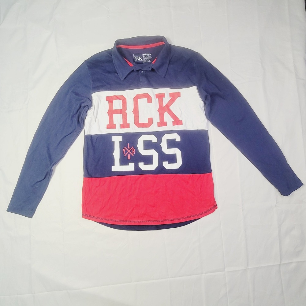 Young & Reckless Men's Medium RCK LSS Long Sleeve Polo Shirt Blue Red Graphic C3